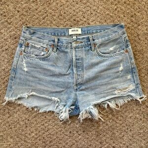 Agolde Light Blue Distressed Denim Jean Shorts